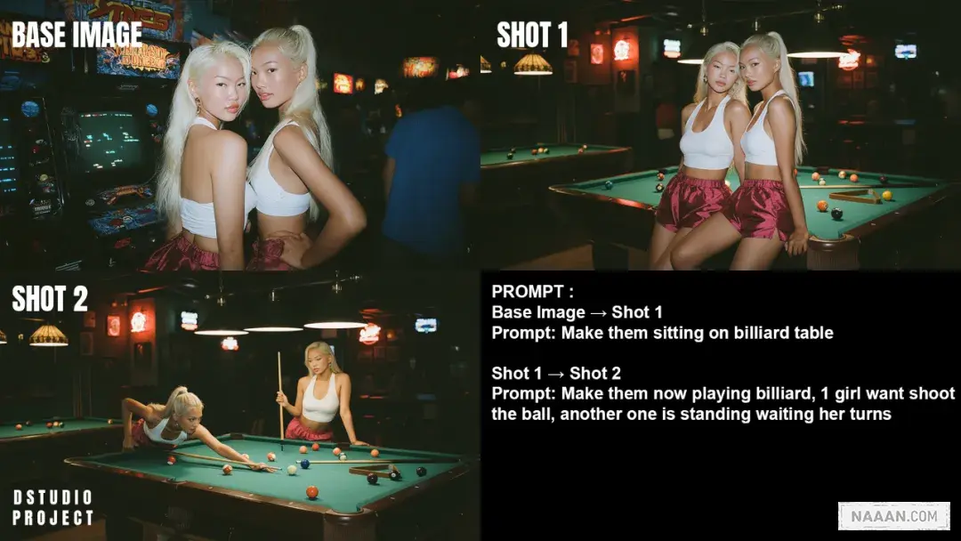 原图在左上角，先是输入提示词让她们坐在台球桌边上，然后让她们开始打台球，形成一个完整的故事流。