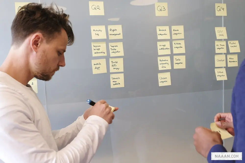 man in white long sleeve shirt writing on white board